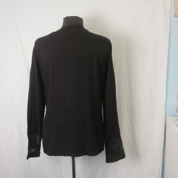 Black V-Neck Blouse with Open Mesh at Neck and Wrists - Picture 5 of 5